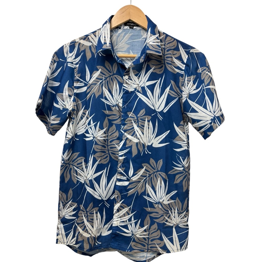Spring and Gege Blue Floral Tropical Button Down Collared Shirt Boys Youth 2XL